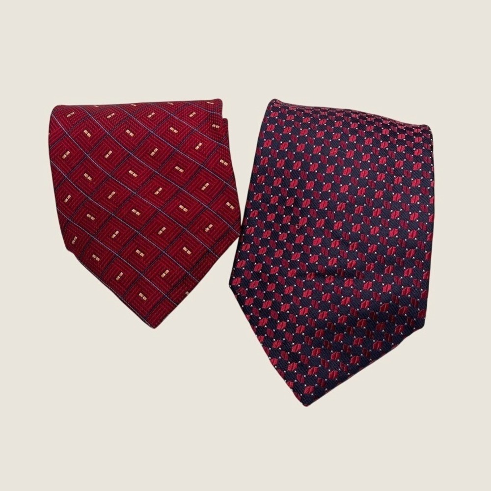 Nautica Mens Silk Necktie Lot 2 Red Navy Geometric Diamond Pattern Silk Ties